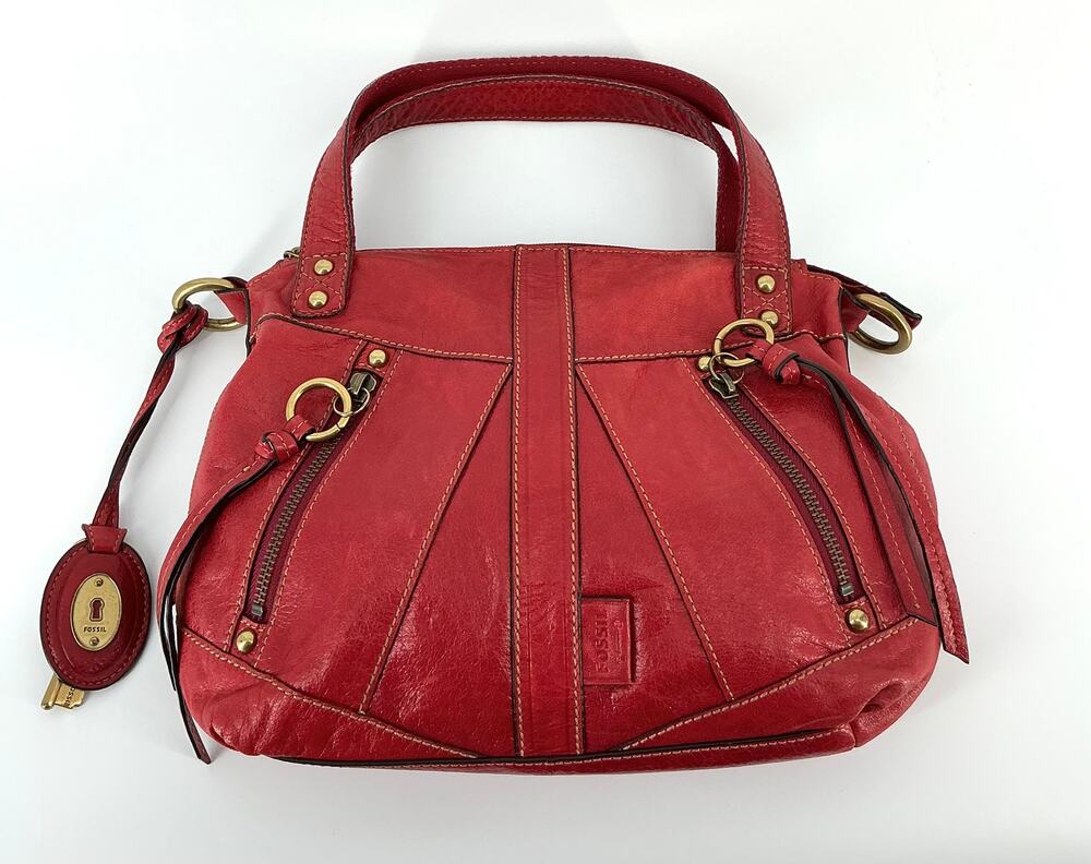 Fossil Y2K Red Leather Satchel Crossbody Bag Brass Hardware